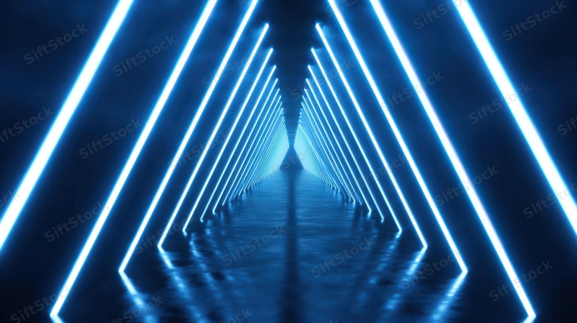 Symmetrical futuristic tunnel with glowing blue neon lines reflecting on wet floor
