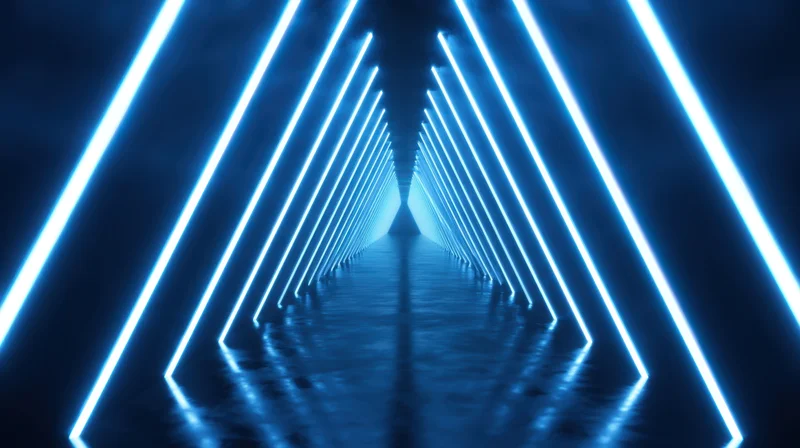 Symmetrical futuristic tunnel with glowing blue neon lines reflecting on wet floor