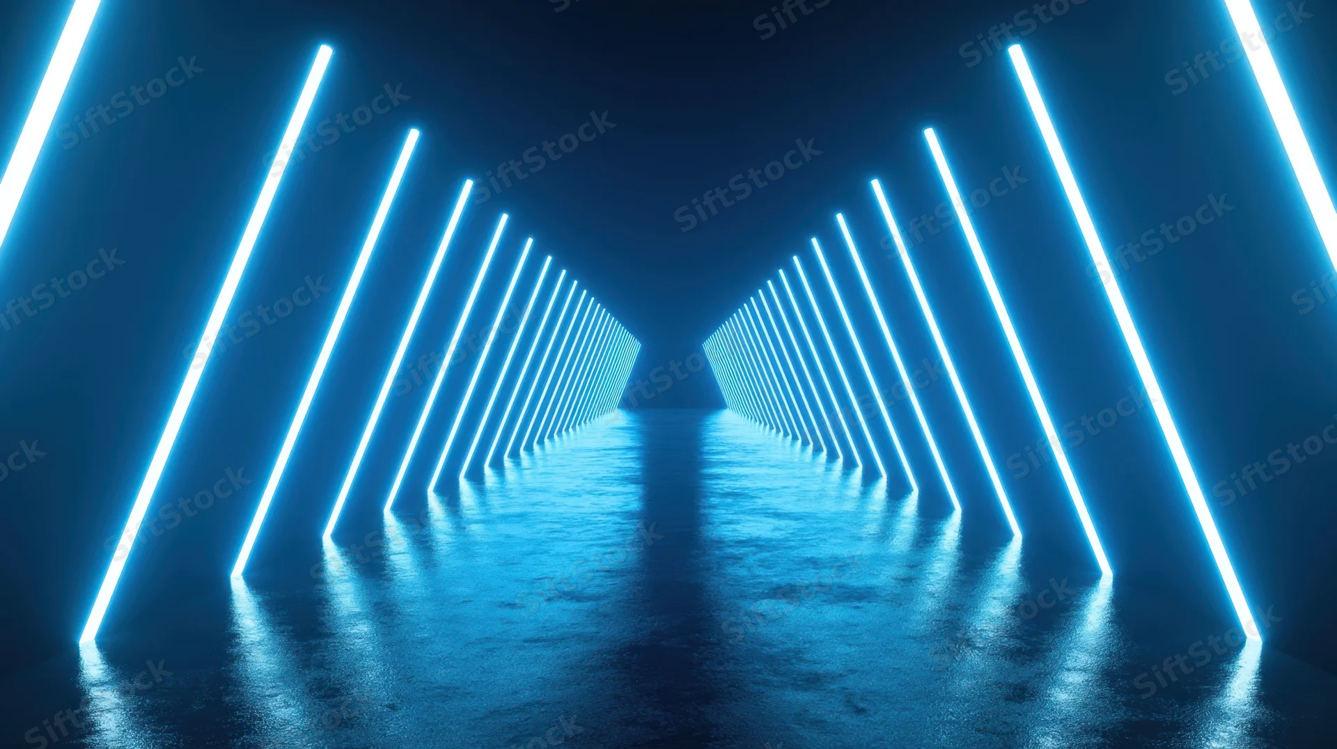 Symmetrical futuristic tunnel with glowing blue neon lights lining dark corridor and reflective wet floor