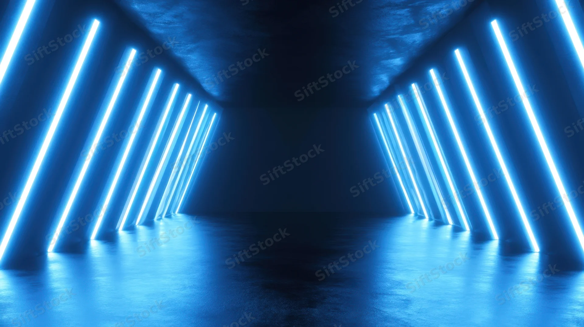 Symmetrical futuristic tunnel illuminated by blue neon lights along walls and ceiling
