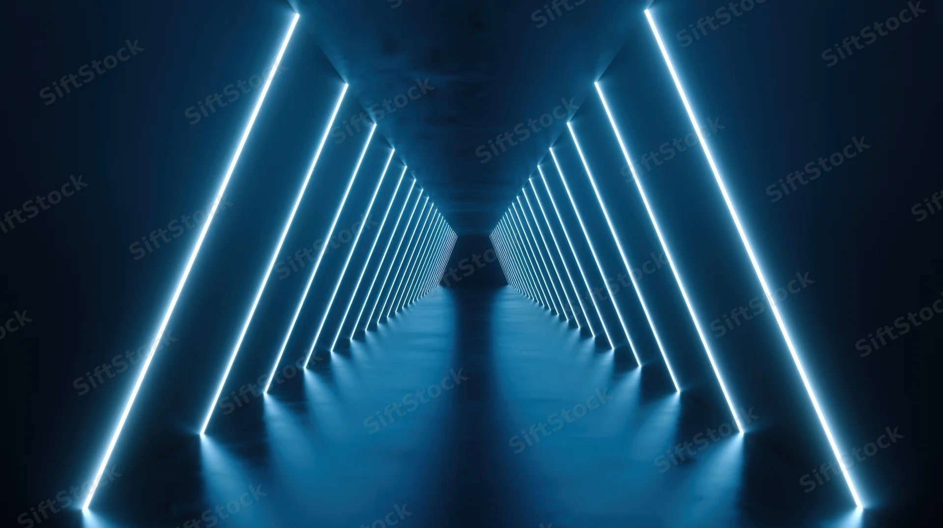 Symmetrical futuristic tunnel illuminated by blue neon lights receding into the distance