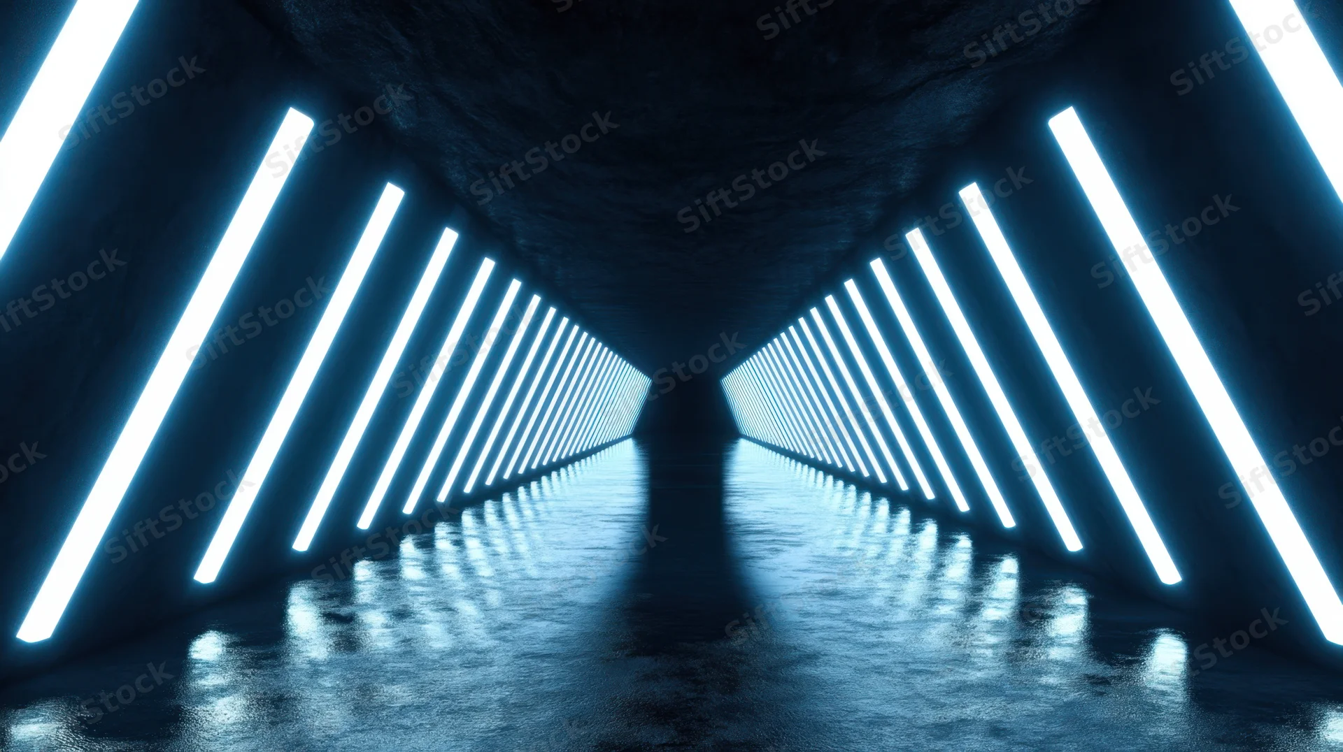 Symmetrical futuristic tunnel with blue neon lights reflecting on wet floor
