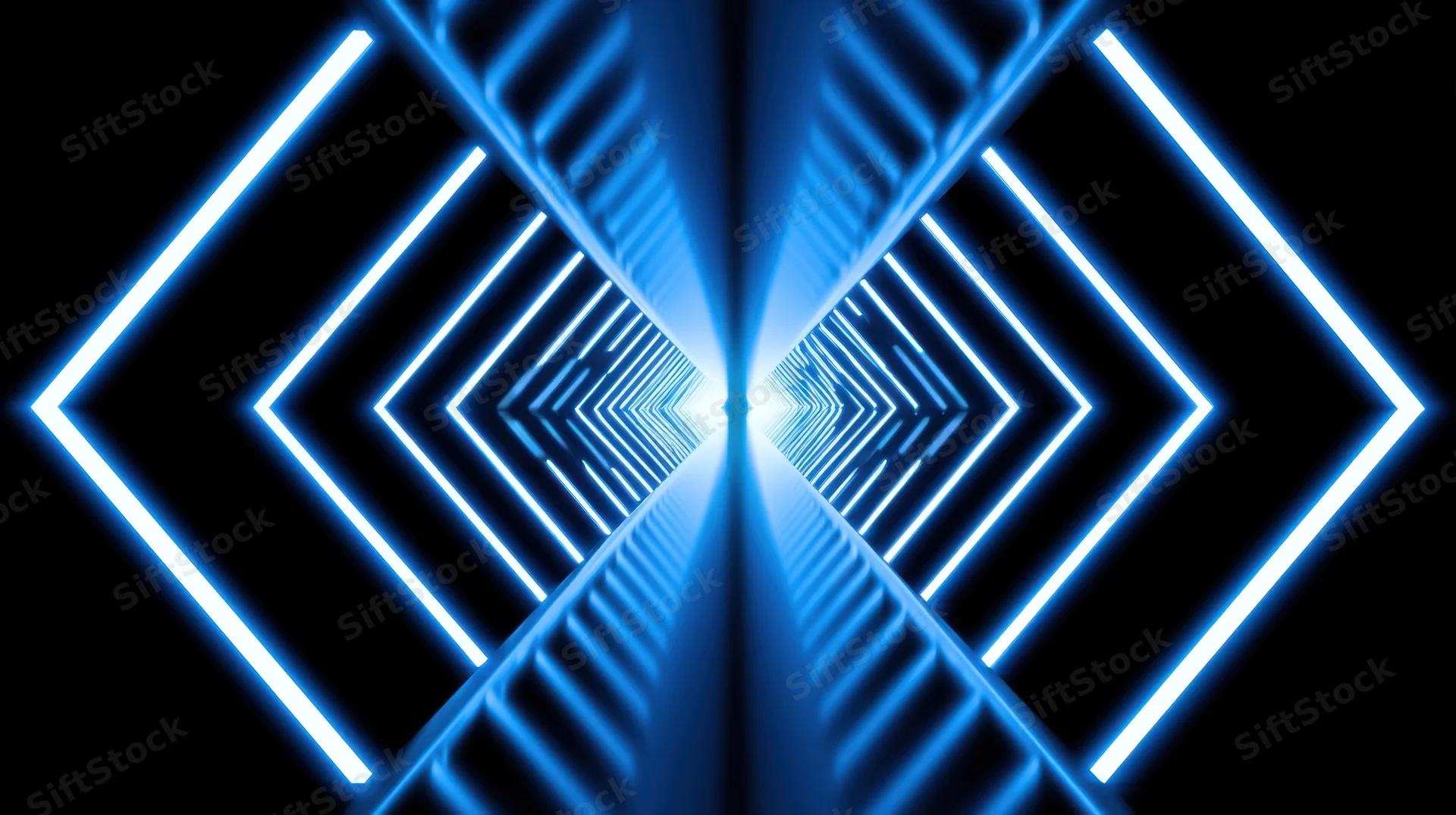 Symmetrical blue neon tunnel receding into the distance with geometric light patterns