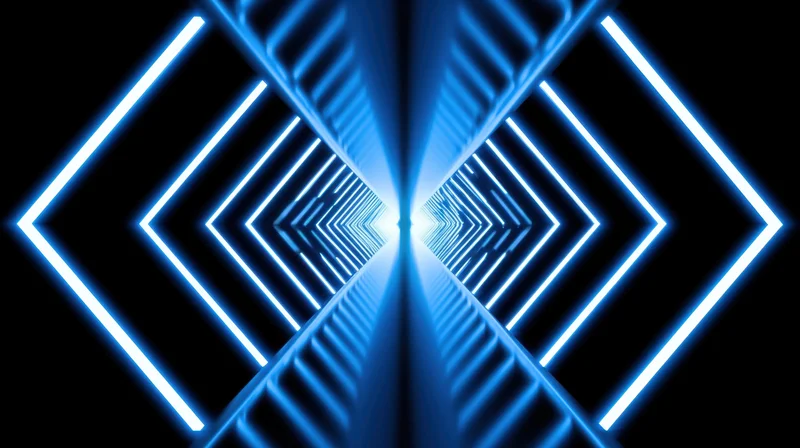 Symmetrical blue neon tunnel receding into the distance with geometric light patterns