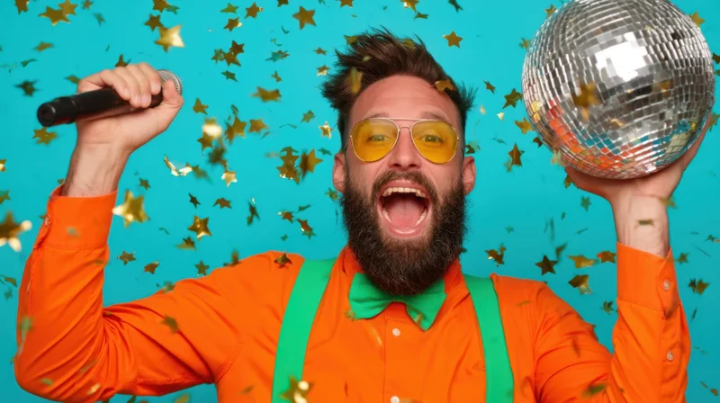 Man holding microphone and disco ball with confetti falling against blue background