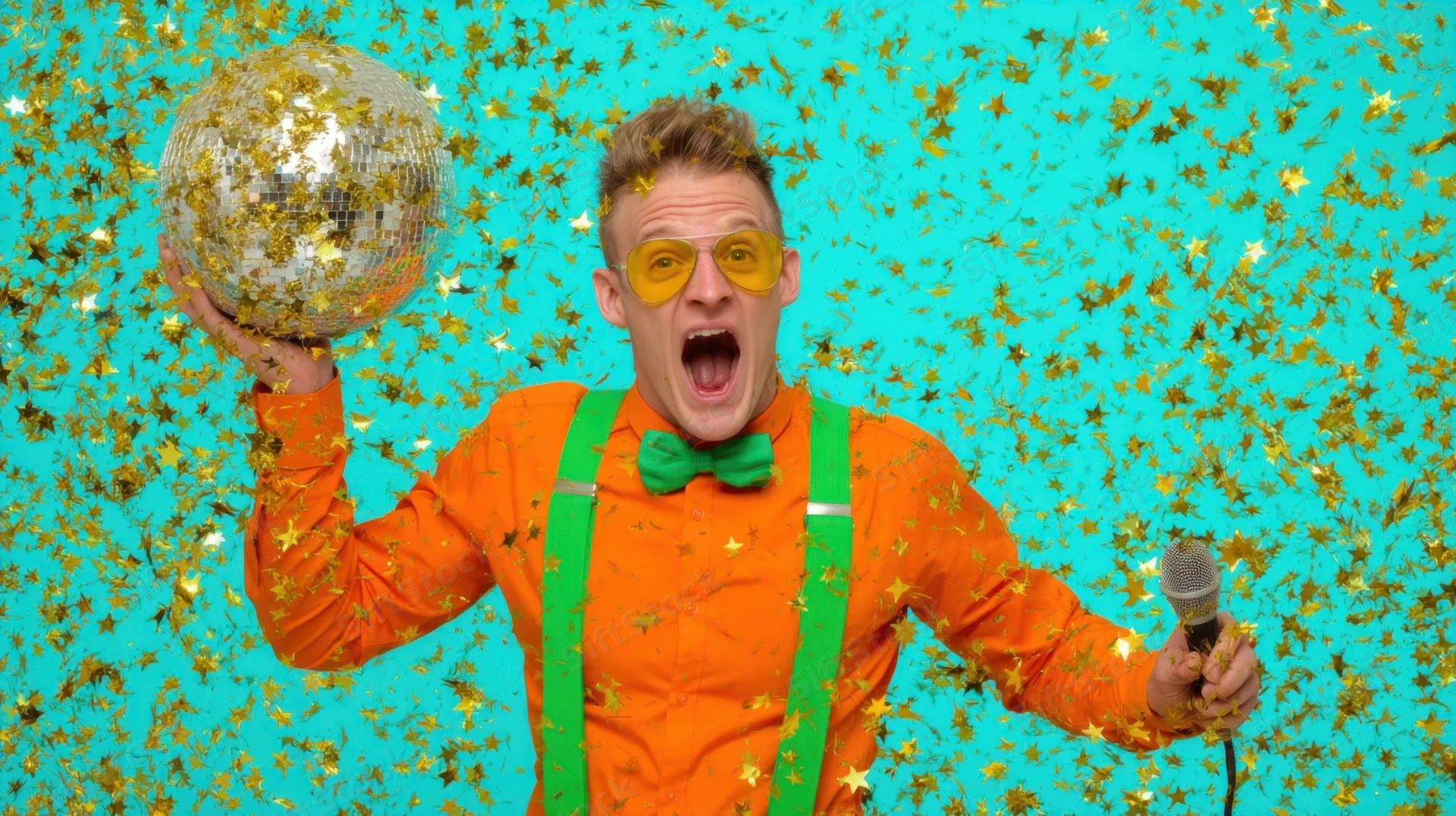 Young man in orange shirt and green suspenders holding disco ball and microphone amidst falling gold star confetti against turquoise background