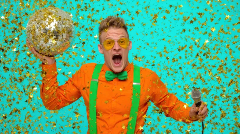 Young man in orange shirt and green suspenders holding disco ball and microphone amidst falling gold star confetti against turquoise background