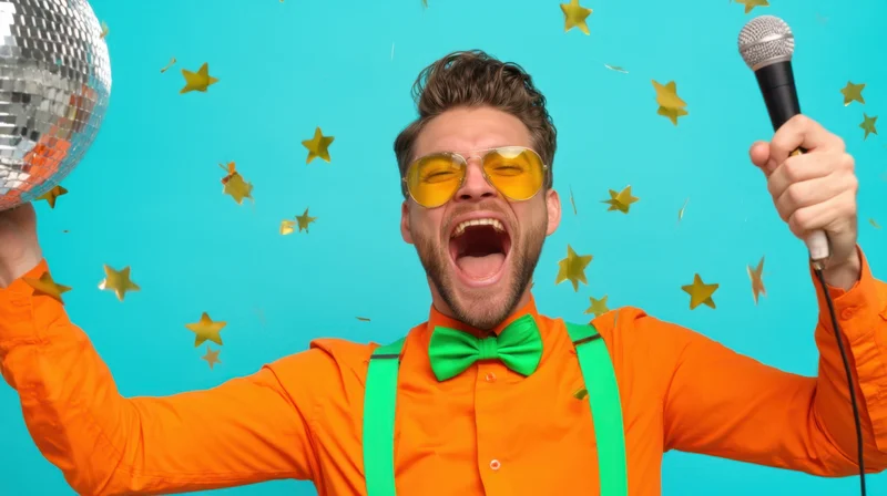 Young man singing into microphone with disco ball and confetti against blue background