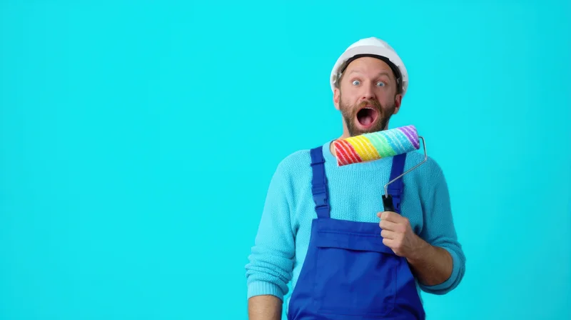 Man in blue overalls and helmet holding rainbow paint roller, surprised expression against turquoise background