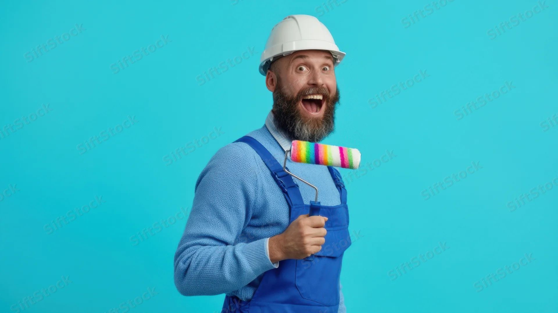 Excited man in blue overalls and hardhat holding rainbow paint roller against blue background