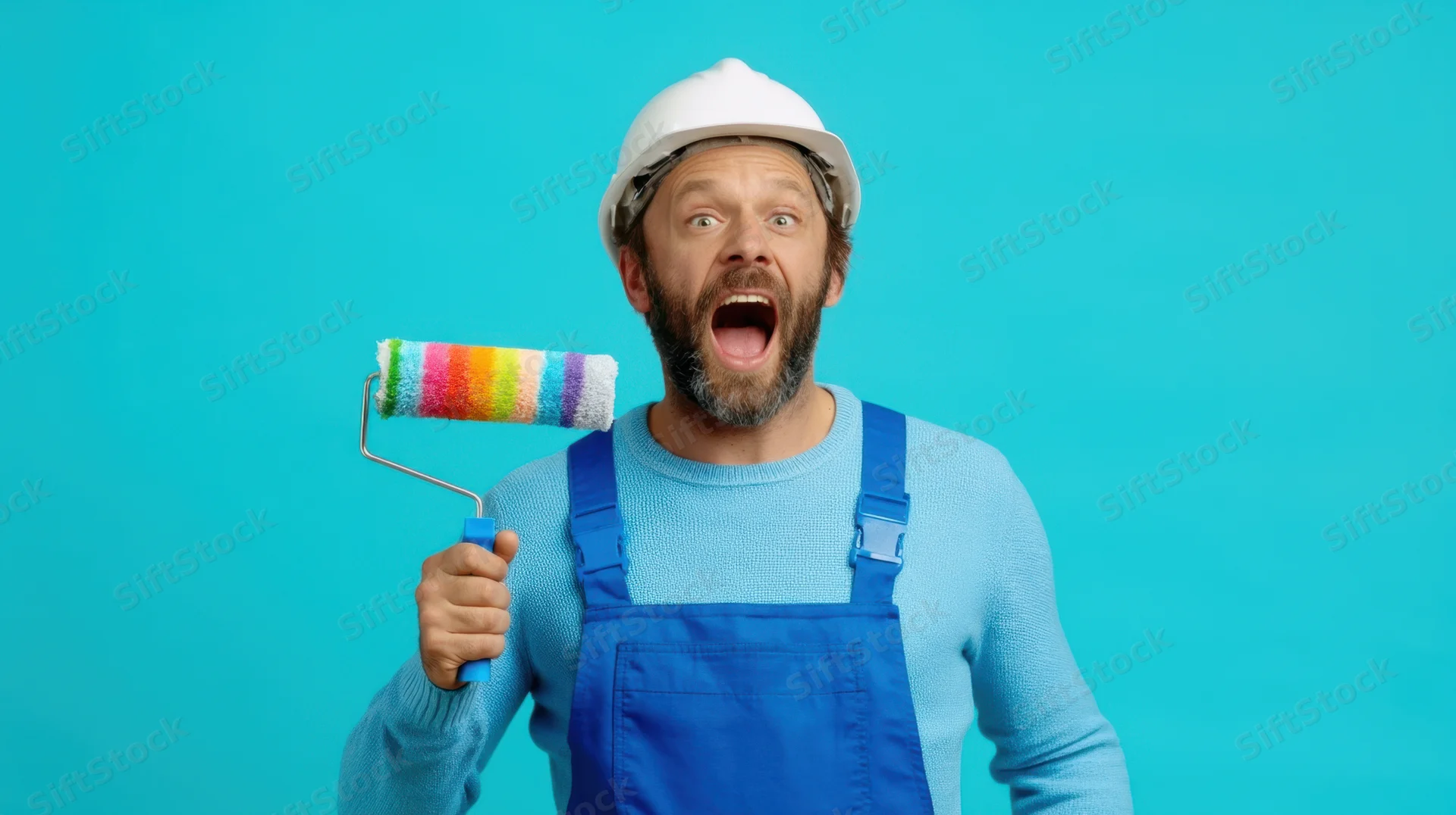 Excited man in blue overalls and white helmet holding rainbow paint roller against blue background