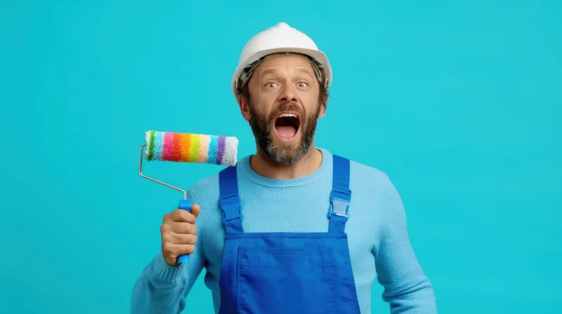 Excited man in blue overalls and white helmet holding rainbow paint roller against blue background