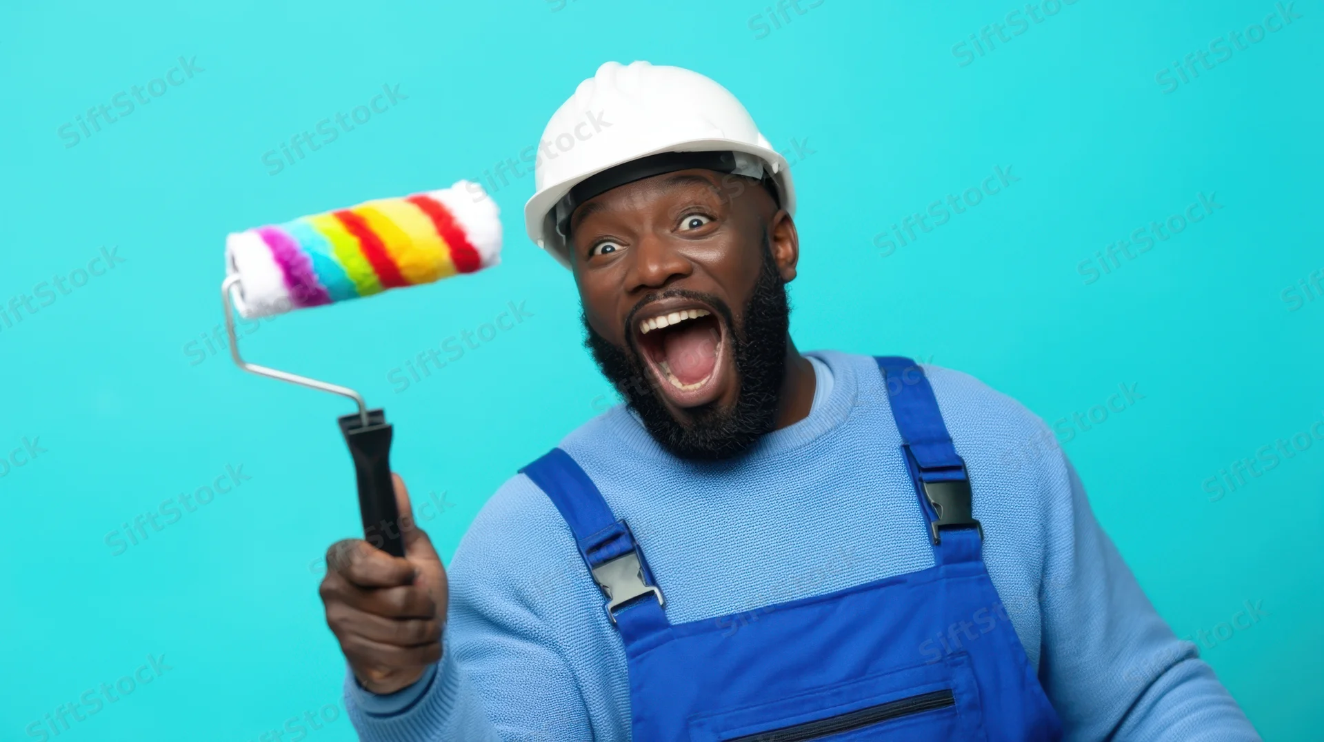 Excited man in blue overalls and hardhat holding rainbow paint roller against turquoise background