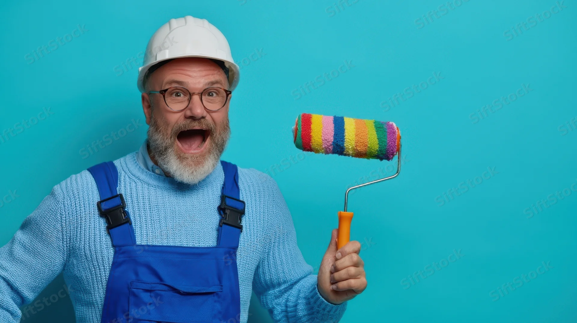 Excited man in blue overalls and white helmet holding rainbow paint roller against blue background
