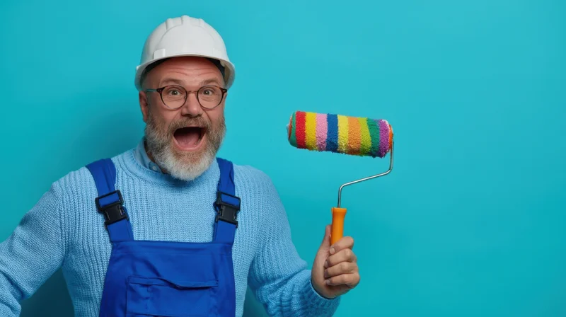 Excited man in blue overalls and white helmet holding rainbow paint roller against blue background