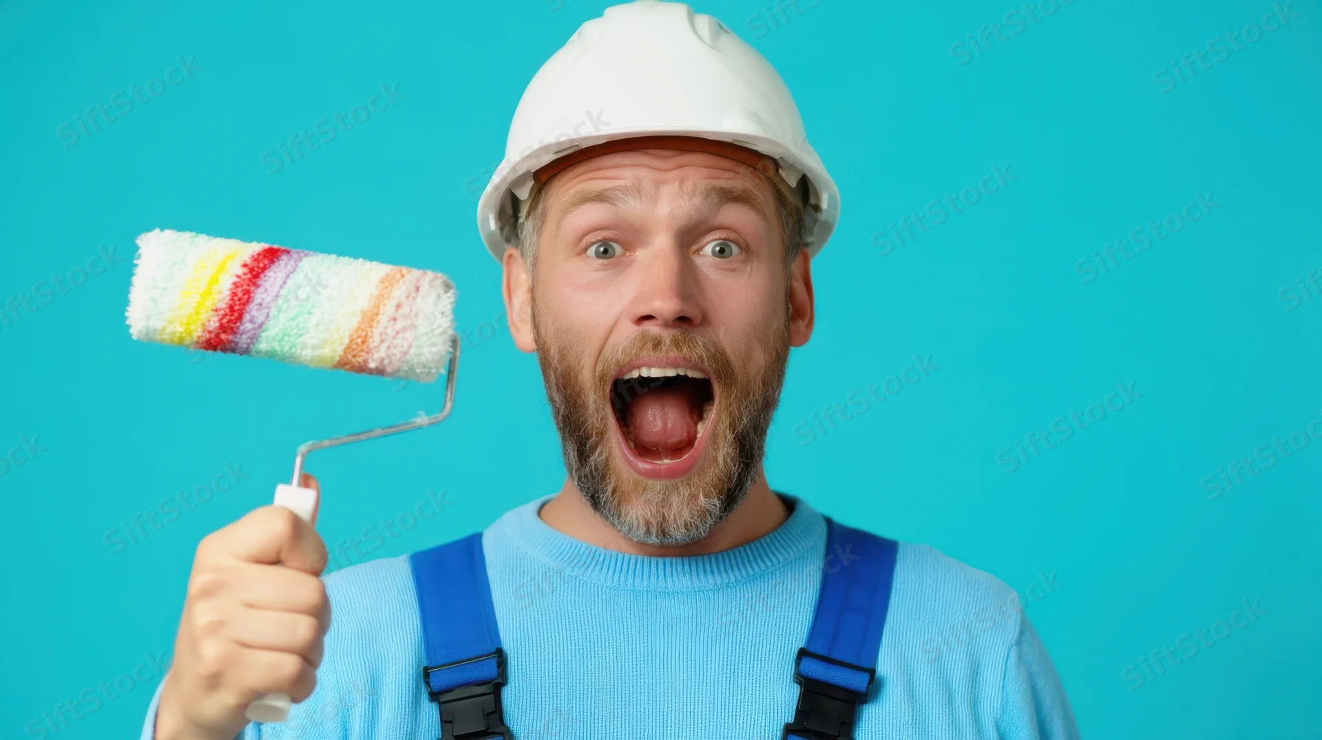 Excited man in construction helmet holding paint roller against blue background