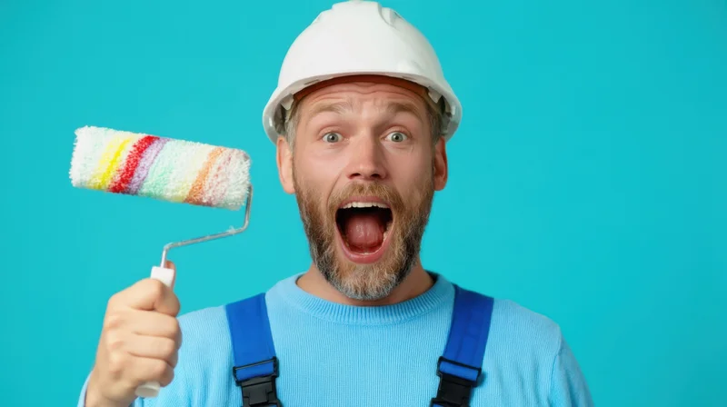 Excited man in construction helmet holding paint roller against blue background