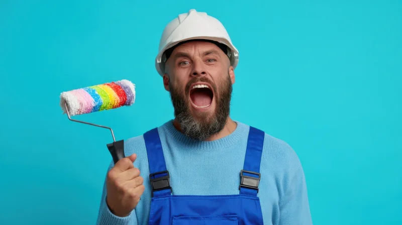Man in blue overalls and hardhat shouting while holding a rainbow-colored paint roller against a blue background