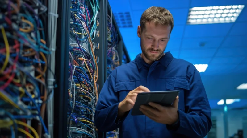 It technician in blue uniform using tablet while inspecting server rack in datacenter