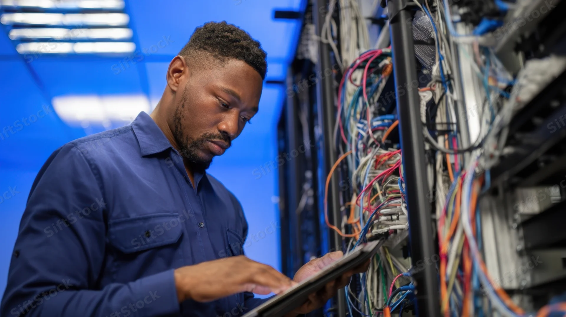 It technician using tablet to monitor server rack in datacenter