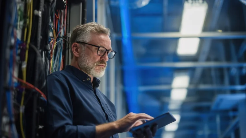 It technician holding tablet and checking server rack in data center