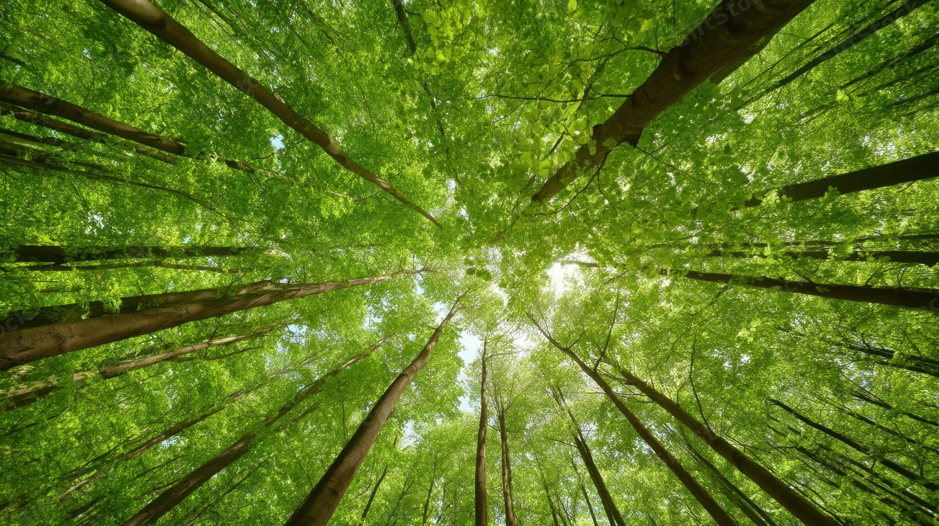 Upward view through tall green trees in a dense forest canopy