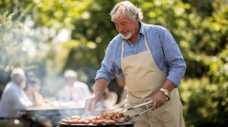 Senior man grilling sausages and meat on a barbecue in a garden with people in the background