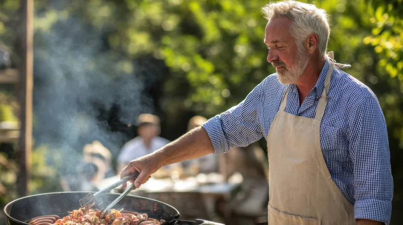 Man grilling sausages and meat on a barbecue in a garden backyard setting