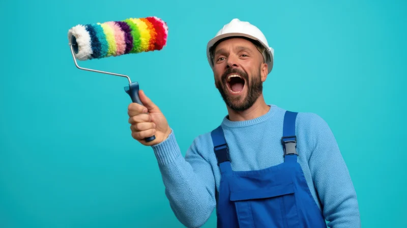 Man in blue overalls and white hardhat holding rainbow paint roller, smiling widely against turquoise background