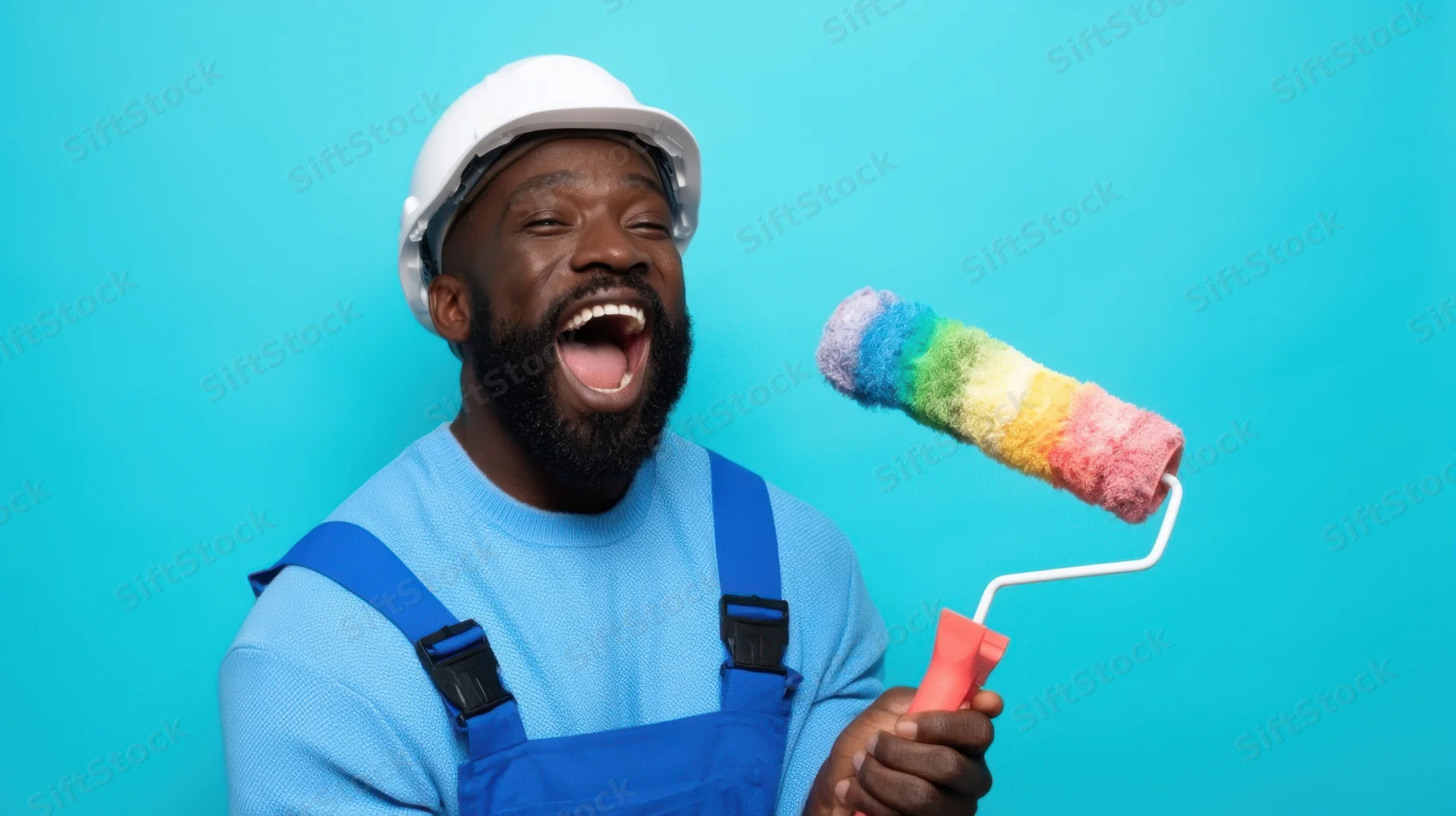 Man in blue overalls and white hardhat laughing while holding a rainbow-colored paint roller against a turquoise background