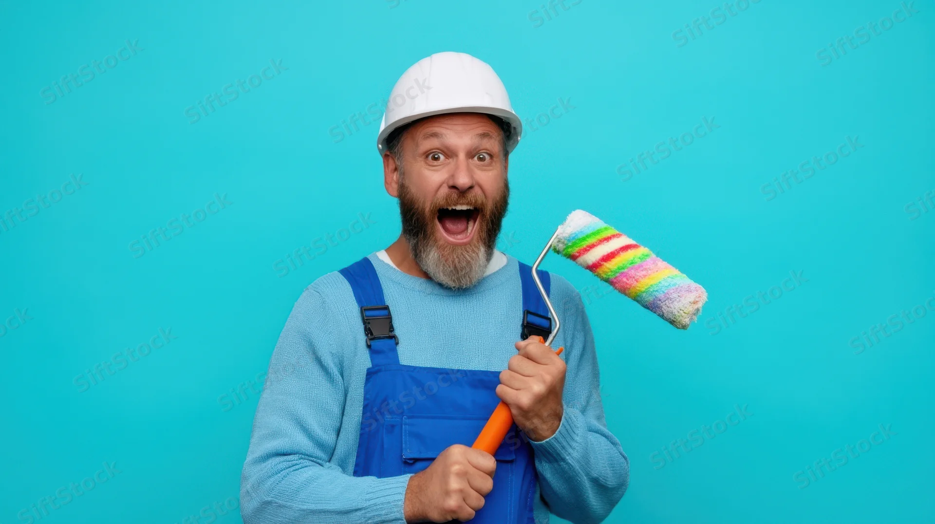 Man in blue overalls and white hardhat holding a rainbow-colored paint roller, smiling excitedly against a blue background