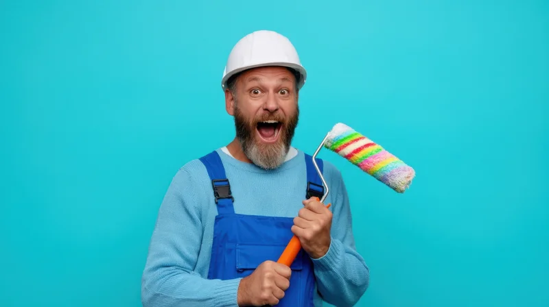 Man in blue overalls and white hardhat holding a rainbow-colored paint roller, smiling excitedly against a blue background