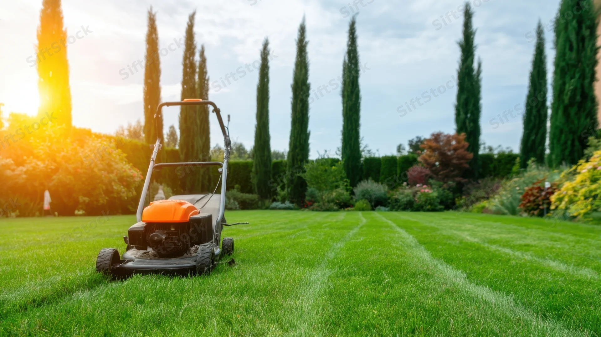 Orange and black gas-powered push lawn mower on a striped green lawn in a garden with cypress trees and shrubs at sunrise