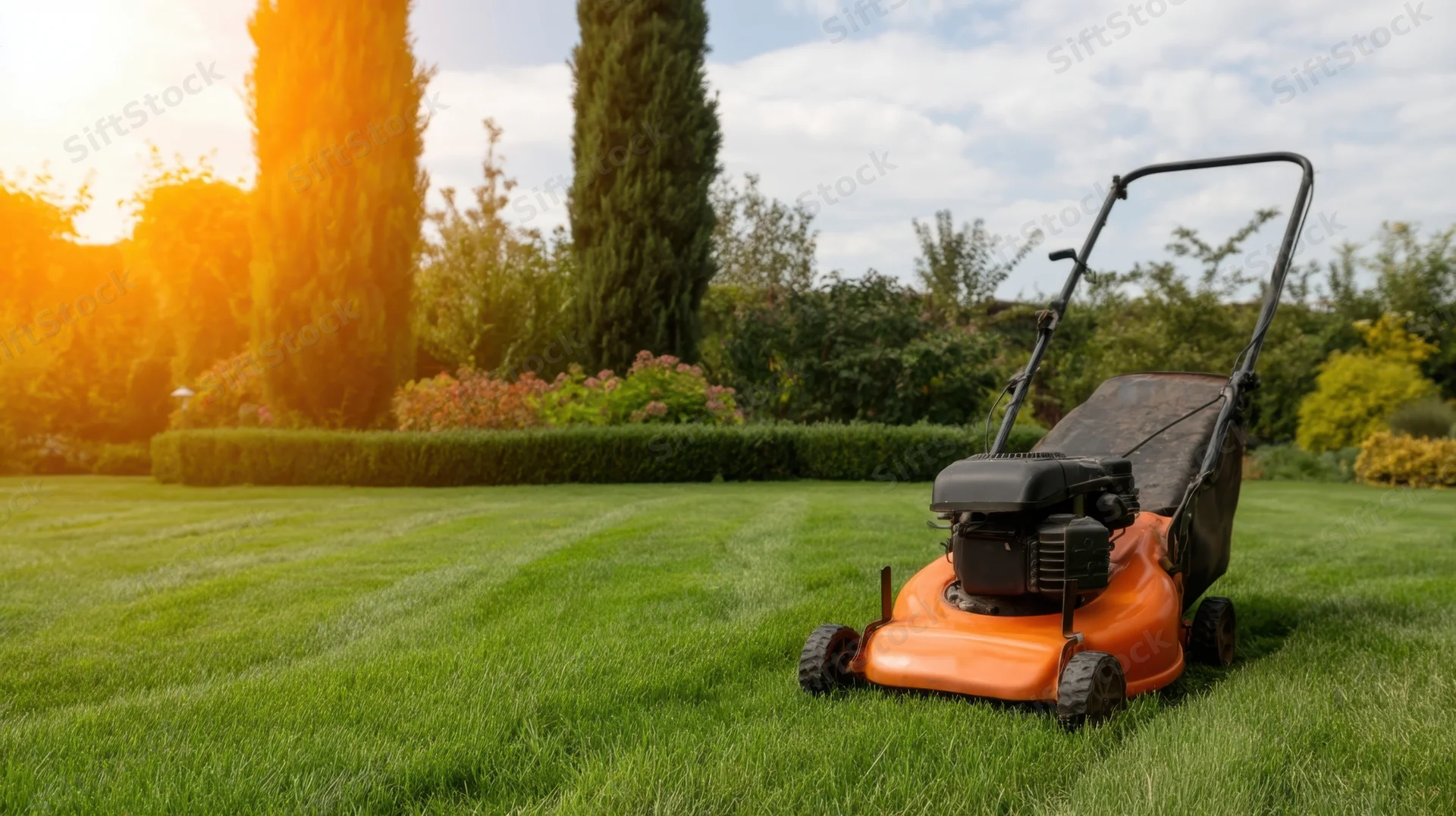 Orange and black gas-powered push lawn mower on a striped green lawn with hedges and trees in the background during sunrise