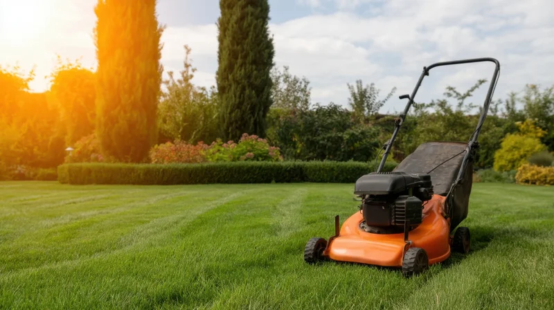 Orange and black gas-powered push lawn mower on a striped green lawn with hedges and trees in the background during sunrise