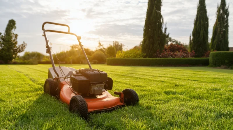 Orange and black gas-powered push lawn mower on a freshly cut green lawn in a garden setting at sunrise