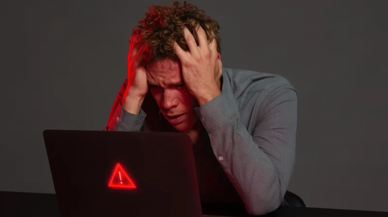 Man holding head in stress while looking at laptop with red warning symbol on screen