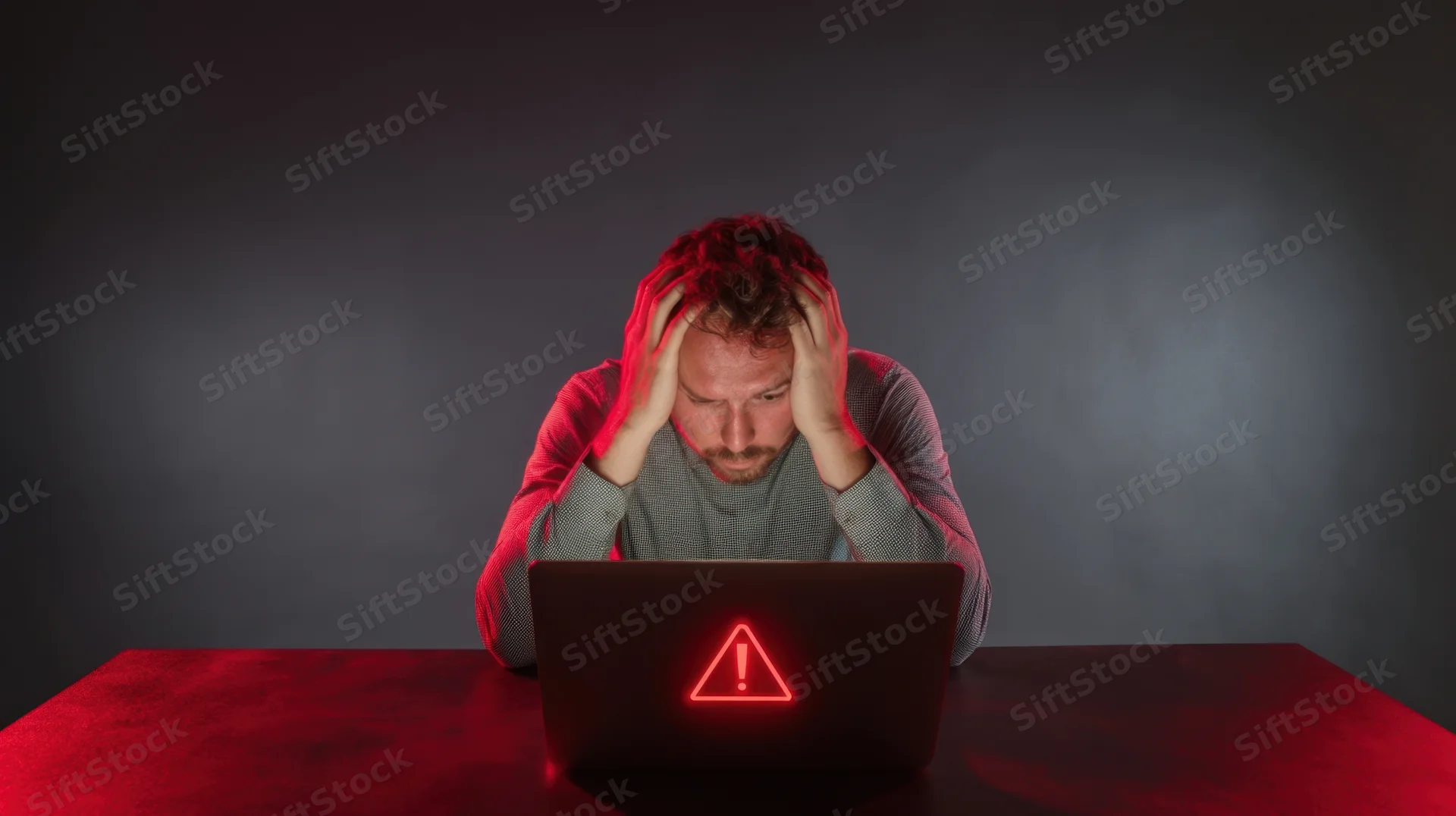 Man holding head in stress while looking at laptop with red warning symbol on dark desk