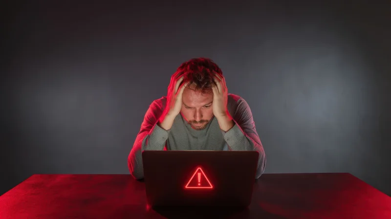 Man holding head in stress while looking at laptop with red warning symbol on dark desk