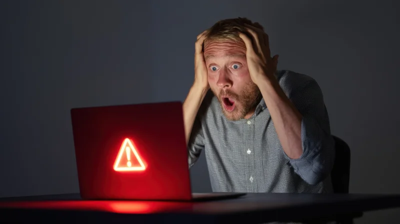 Man reacting in shock to red warning symbol on laptop screen at dark desk