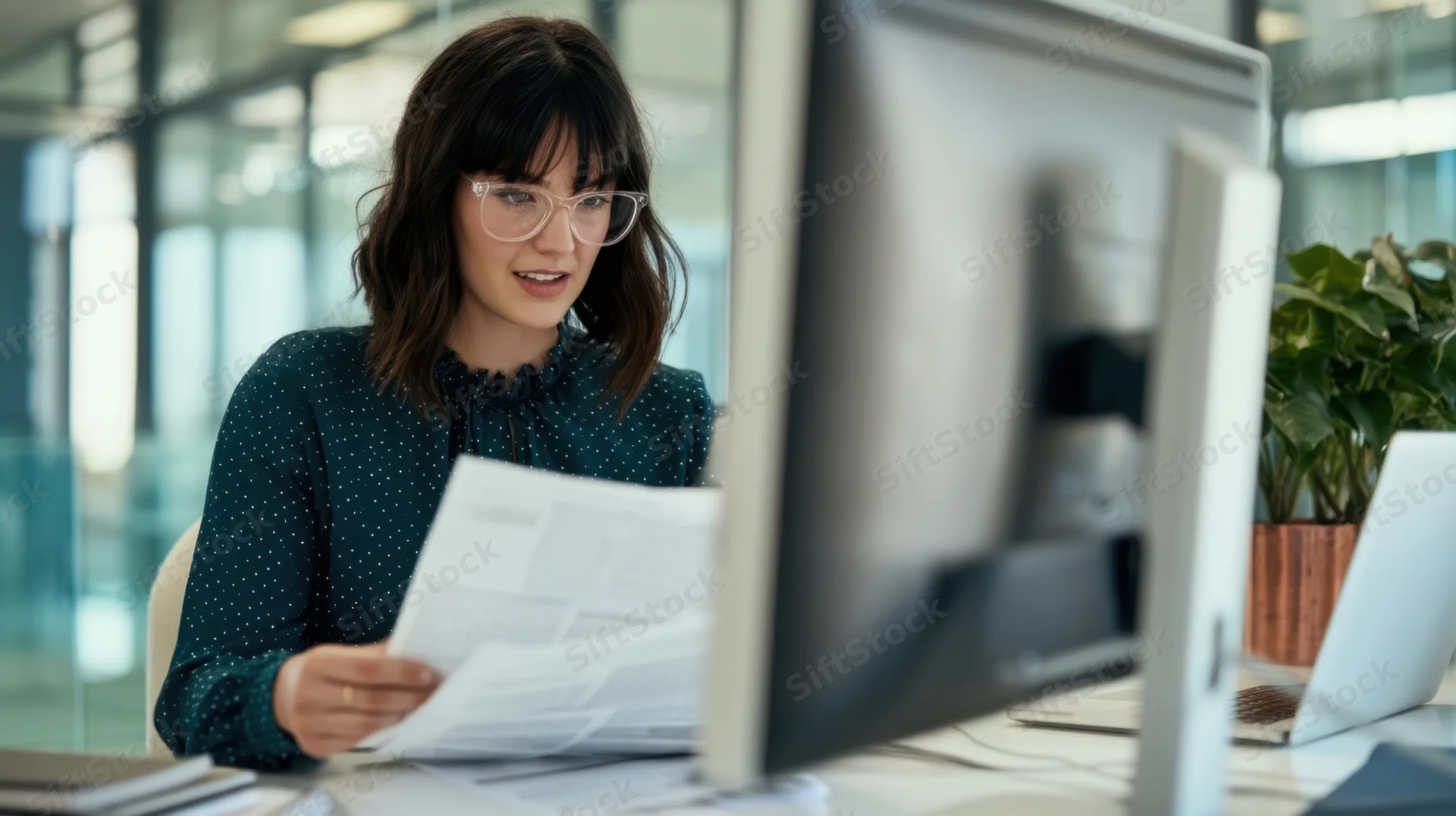 Woman reading documents at desk in modern office with computer and laptop