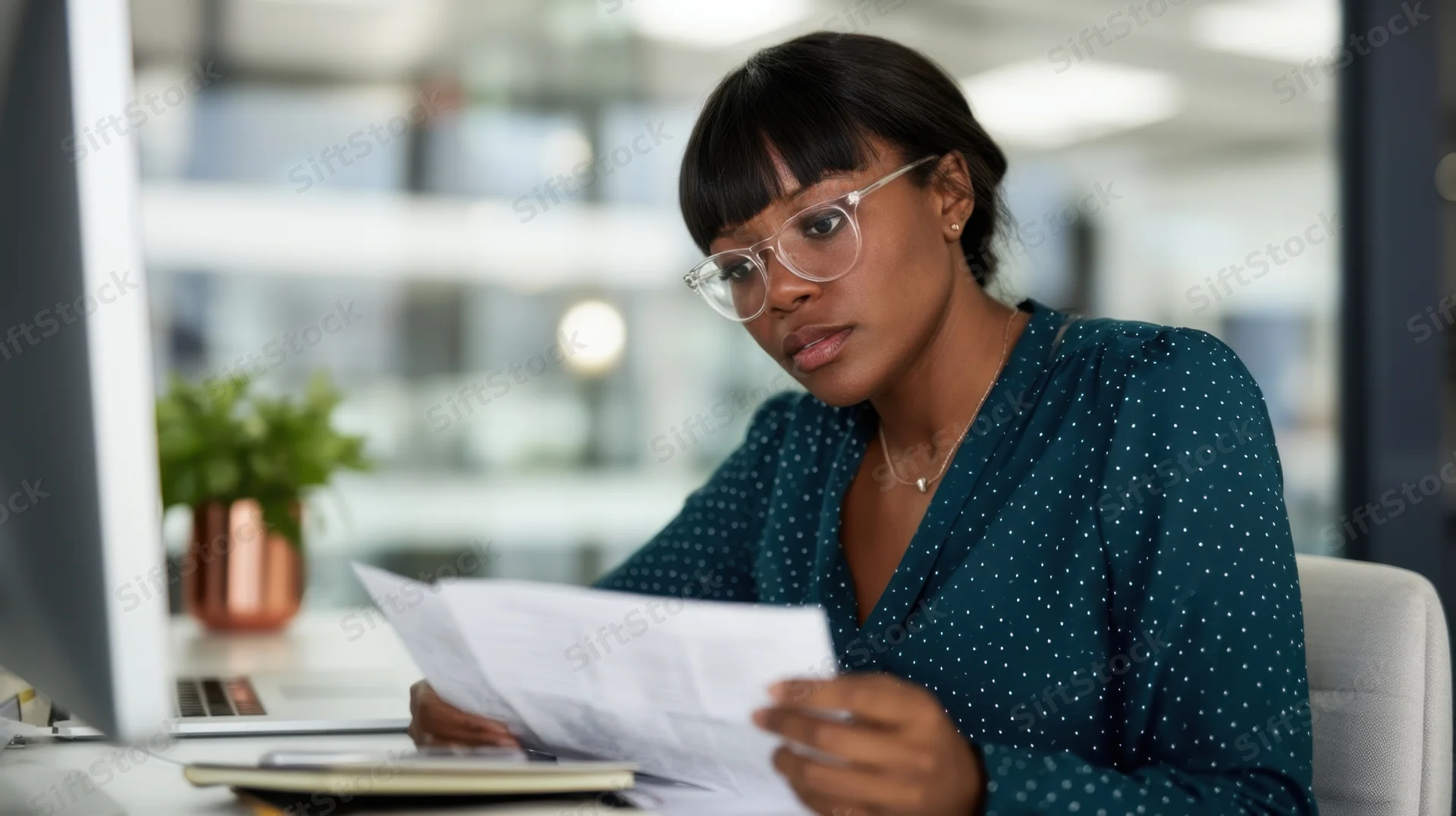 Woman reviewing documents at her office desk with computer and plant nearby