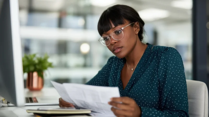 Woman reviewing documents at her office desk with computer and plant nearby