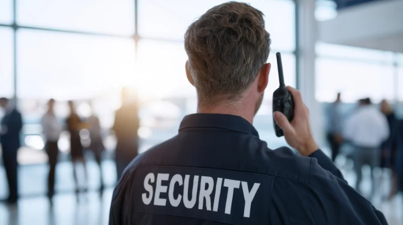Security guard from behind holding walkie-talkie in office building interior