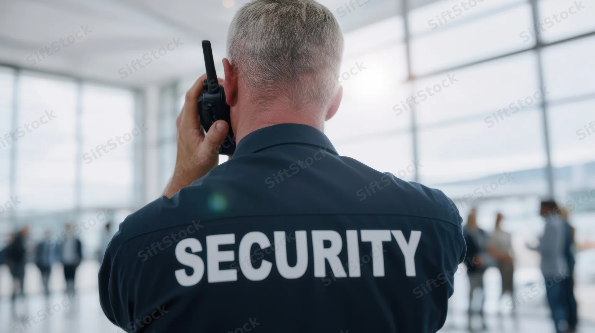 Security guard from behind holding walkie-talkie in airport terminal