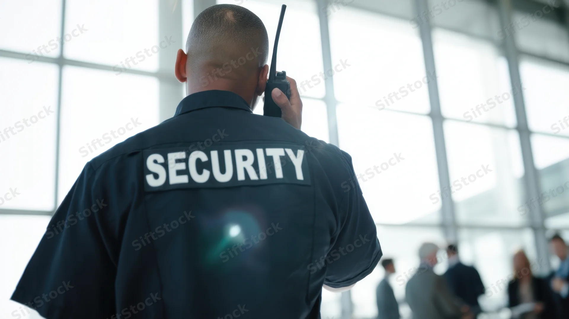 Security guard from behind holding walkie-talkie in modern office building