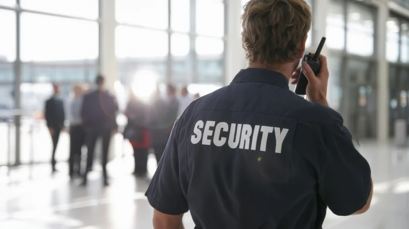 Security guard in navy uniform holding walkie-talkie while monitoring crowd in bright building hallway