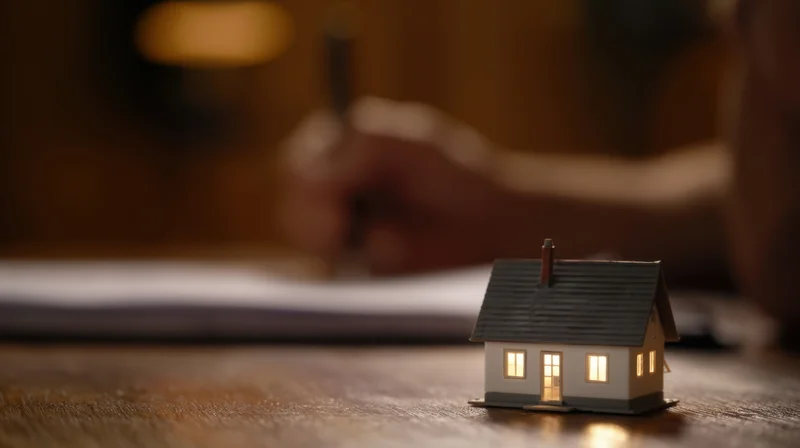 Miniature house model with glowing windows on a wooden desk beside a hand writing on paper