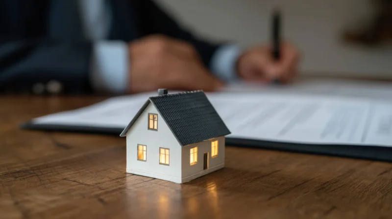 Miniature house model on wooden desk with person signing document in background