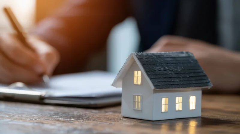 Miniature house model with glowing windows on wooden desk beside hands writing on document